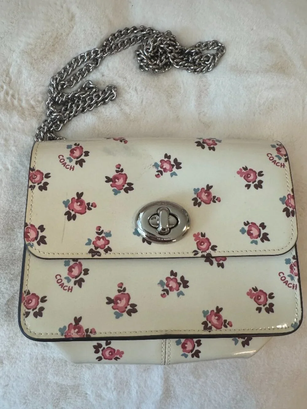 Coach Floral Bloom Bowery Crossbody Patent Leather Chain Shoulder Bag 28184